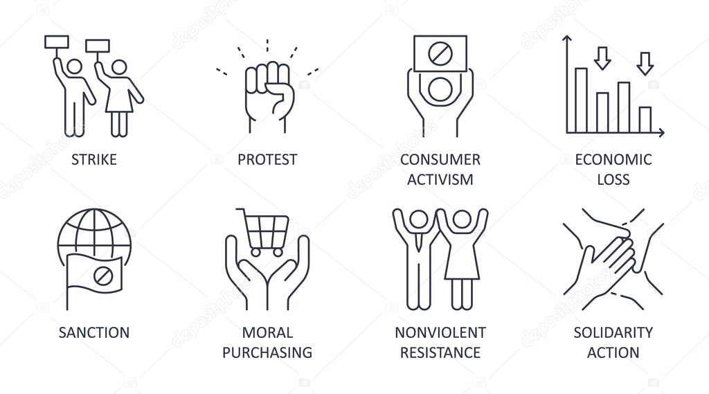 Boycott vector icons. Set of social confrontation symbols editable stroke. Strike protest sanction consumer activism. Economic loss moral purchasing nonviolent resistance solidarity action.