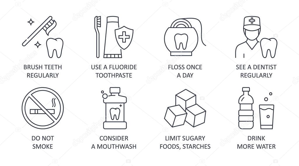 Dental health icons. 8 tips healthy teeth editable stroke. Brush teeth regularly fluoride toothpaste floss once a day see a dentist regularly. Don't smoke mouthwash limit sugary foods drink water