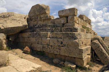 Eski taş tapınak ve doğa kalıntıları, İtalya 'nın Sicilya kentindeki tepedeki Segesta kasabasından manzara..