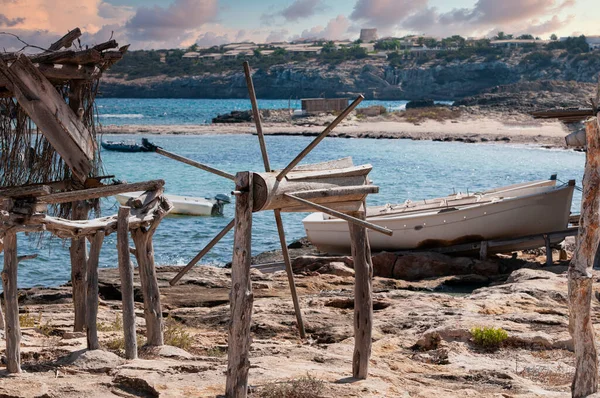 Παραδοσιακή Ξύλινη Προβλήτα Στη Μεσόγειο Formentera Βαλεαρίδες Νήσοι Ισπανία — Φωτογραφία Αρχείου