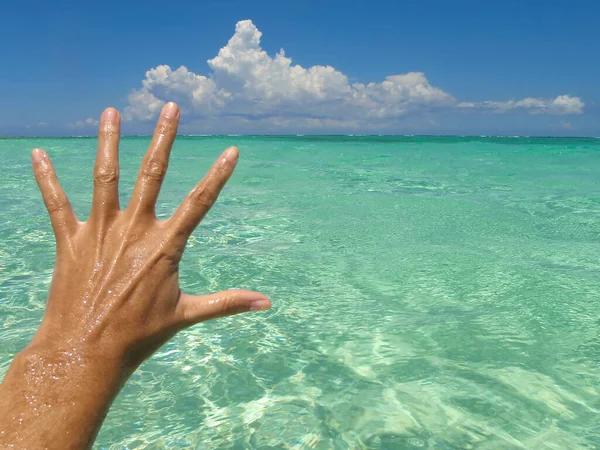 Tropikal bir plajda eli açık selam veren bir kadın. Beyaz bir kadının eli deniz suyunu selamlıyor. Karayip Denizi, Meksika