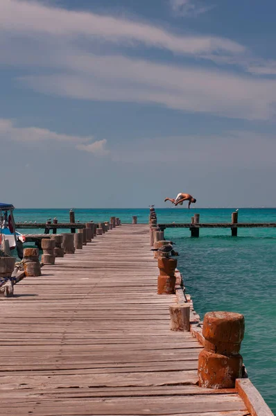Genç Bir Çift Iskeleden Denize Atlıyor Karayip Okyanusu Meksika Cancun — Stok fotoğraf