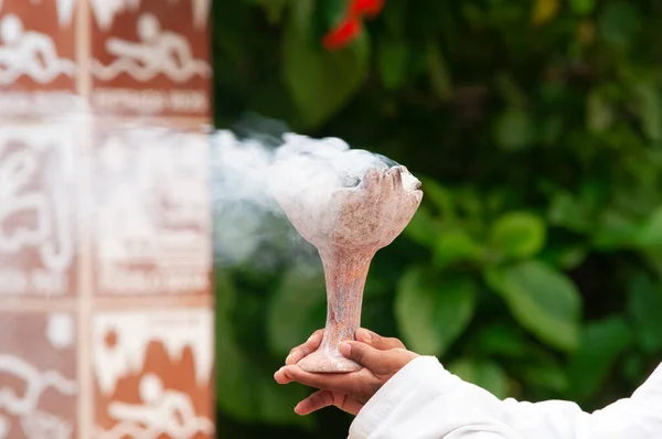 Young Mayan Man Holds His Hands Brazier Lit Copal Smoke — Stock Photo, Image