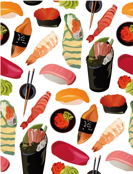 Padrão Sushi Sem Costura Com Refeição Asiática —  Vetores de Stock