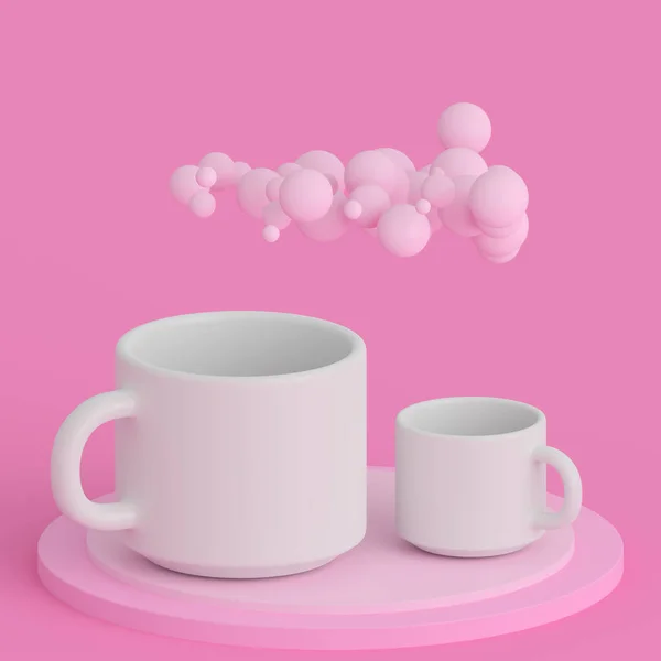 White cup on a pink minimalist background. offee and tea cup with clouds and balloons.