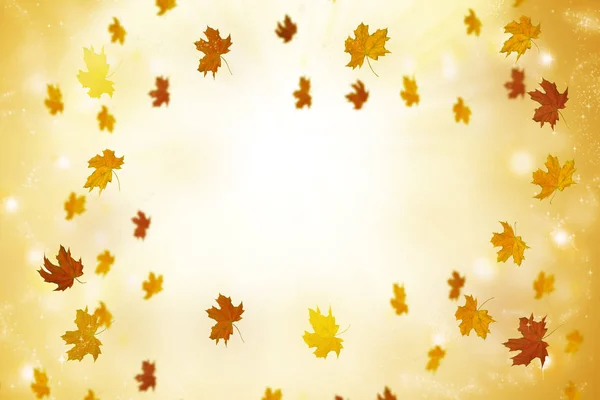 Abstrakter Herbsthintergrund mit Sonnenstrahlen und fliegenden Blättern. — Stockfoto