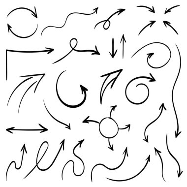 Oklar ve soyut şekiller karalama tasarım vektörü seti, siyah