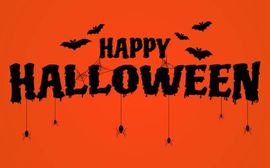 Turuncu arka plandaki Cadılar Bayramı afişleriniz kutlu olsun. Ağ ve örümcekli vektör çizimi. Şaka mı şeker mi?