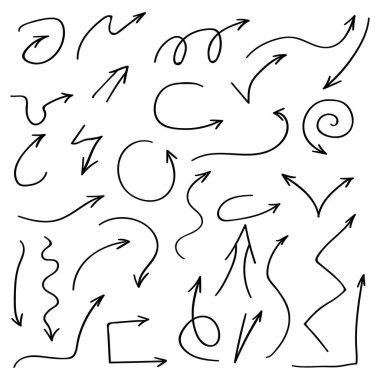 Elle çizilmiş vektör okları. Beyaz arkaplanda siyah okları ayarla