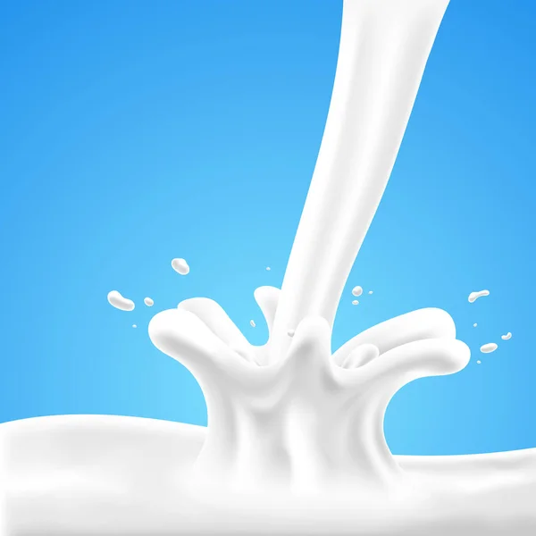 Realistic Vector Splash Pouring Milk Blue Background — Stock Vector