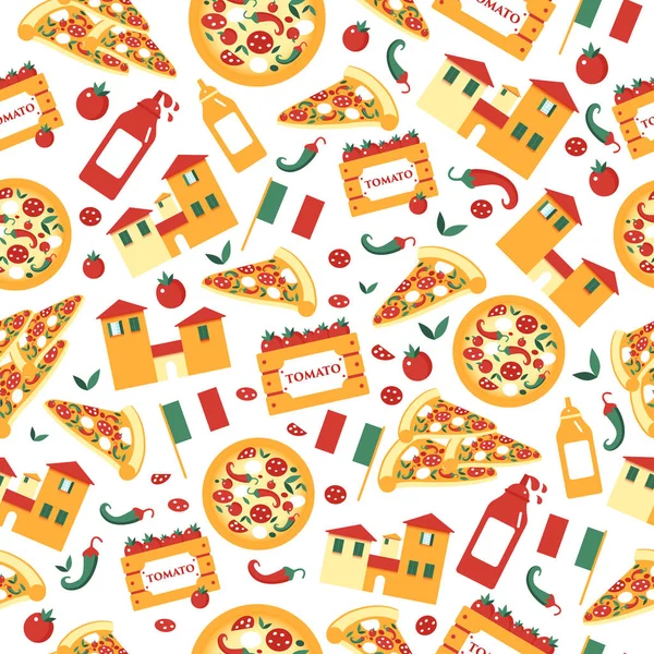 Seamless pattern of pizza slices with ingredients. Bright seamless background of vector slices of pizza in a flat style with italian landscape. Vector illustration. — Stock Vector