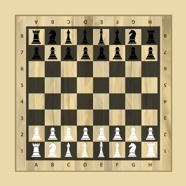 Tablero de madera de ajedrez blanco y negro con piezas de ajedrez. Piezas de ajedrez en estilo plano. Ilustración vectorial — Archivo Imágenes Vectoriales