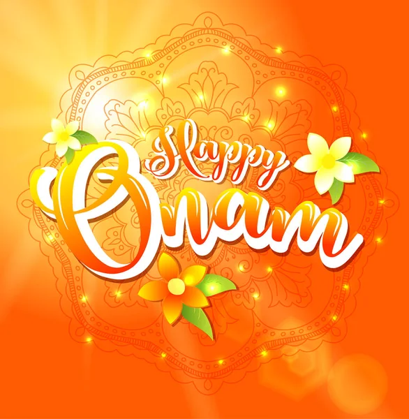 Fondo feliz Onam con flores y letras para el festival de la cosecha del sur de la India. Ilustración vectorial . — Vector de stock