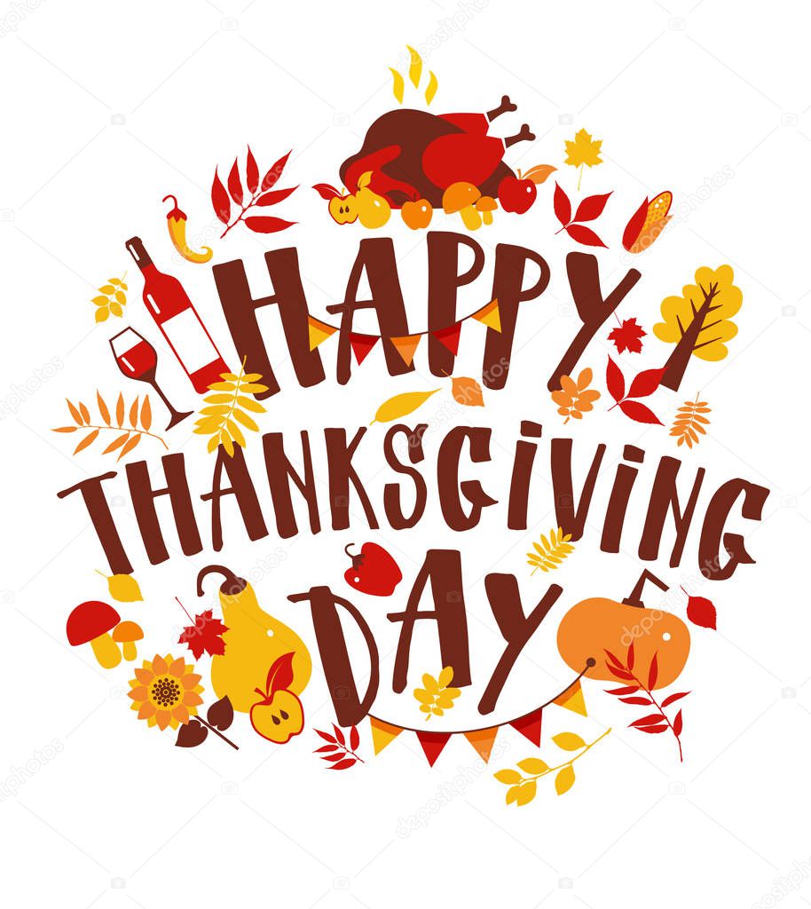 Happy Thanksgiving, autumn holiday background, leaves, hand written lettering, vector illustration.
