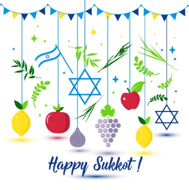 Mutlu Sukkot tatil. Yahudi tatil Sukkot. Vektör Yahudi yeni yılı. Sonbahar Festivali. Rosh Hashana İsrail Sukkah. Palmiye ağacı yaprak ve meyve.