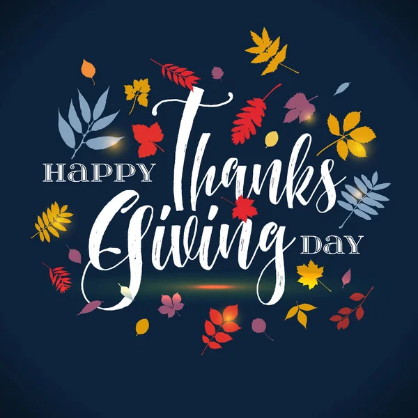 Vector de acción de gracias frase de saludo día de saludo - feliz día de acción de gracias - sobre fondo azul con hojas . — Archivo Imágenes Vectoriales