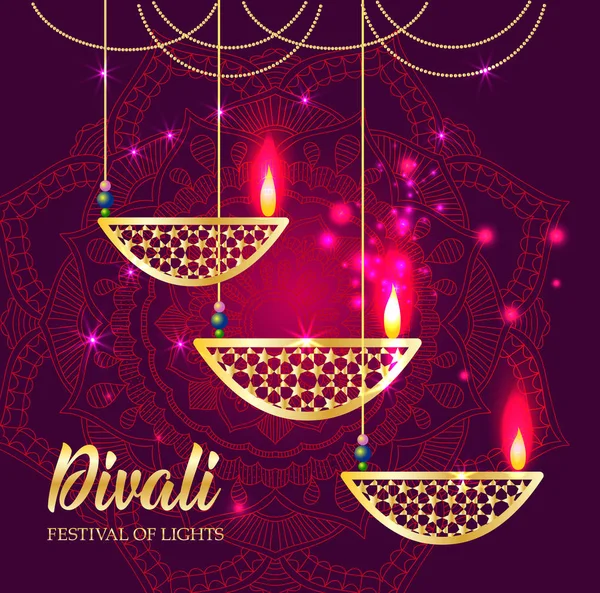 Joyeuse fête des lumières de Diwali. Lampe à huile rétro sur fond ciel nocturne, Illustration en format vectoriel . — Image vectorielle