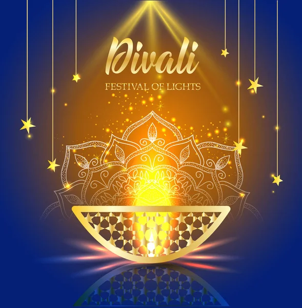 Joyeuse fête des lumières de Diwali. Lampe à huile dorée rétro sur fond ciel nocturne, Illustration en format vectoriel . — Image vectorielle