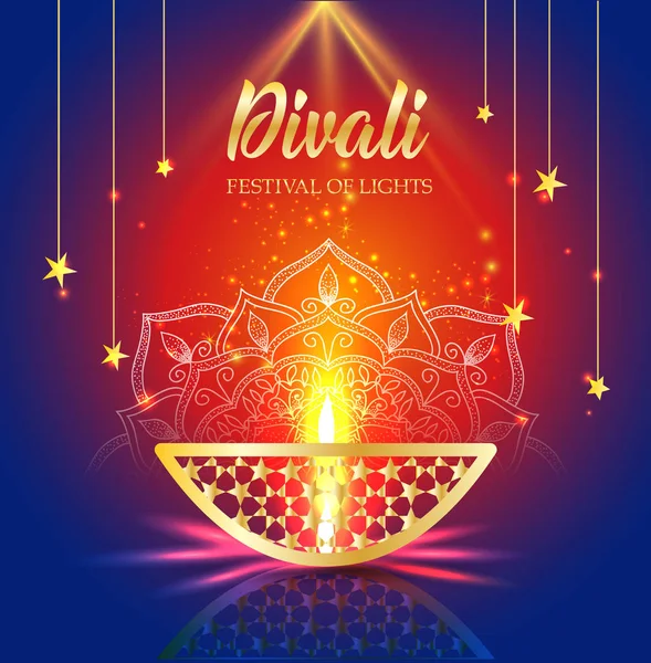 Joyeuse fête des lumières de Diwali. Lampe à huile dorée rétro sur fond ciel nocturne, Illustration en format vectoriel . — Image vectorielle