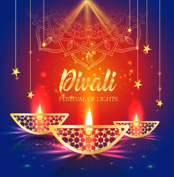 Joyeuse fête des lumières de Diwali. Lampe à huile dorée rétro sur fond ciel nocturne, Illustration en format vectoriel . — Image vectorielle