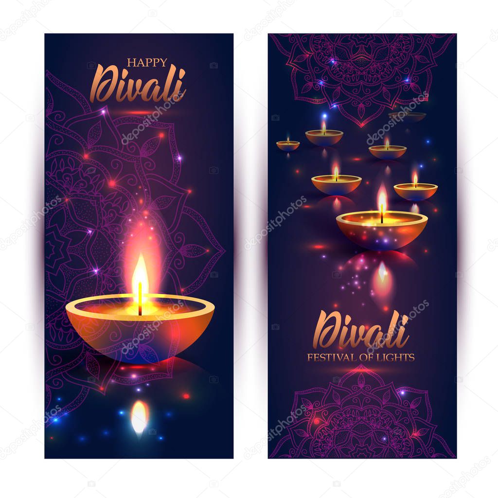 Happy Diwali festival of lights. Retro oil lamp on background night sky, Illustration in vector format. Banners vertical format.
