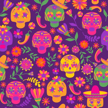 Dia de los muertos Dikişsiz desen vektör. Tatil koyu arka plan üzerinde ana sembollerinden. Ölülerin günü.