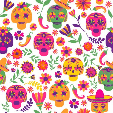 Dia de los muertos Dikişsiz desen vektör. Tatil koyu arka plan üzerinde ana sembollerinden. Ölülerin günü.