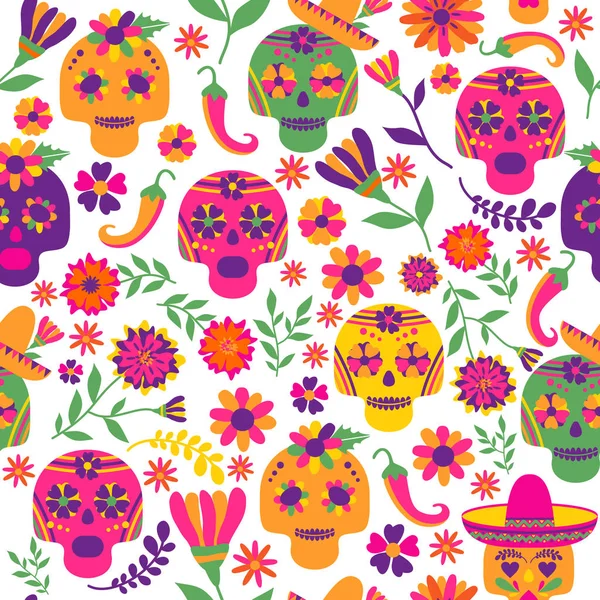 Dia de los muertos seamless vector pattern. The main symbols of the holiday on the dark background. Day of the dead. — Stock Vector