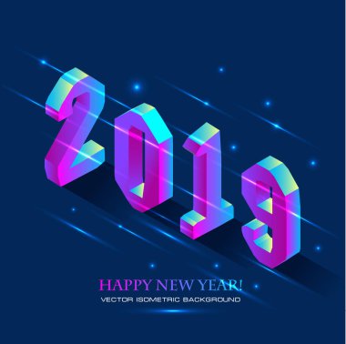 Yeni yıl 2019 izometrik tarzı. Vektör izometrik çizim brught degrade 2019 sayısında tebrik yazıt mutlu yıllar. Tatil afiş