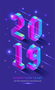 Yeni yıl 2019 izometrik tarzı. Vektör izometrik afiş brught degrade 2019 sayısının tebrik yazıt, mutlu yeni yıl ile. Tatil afiş