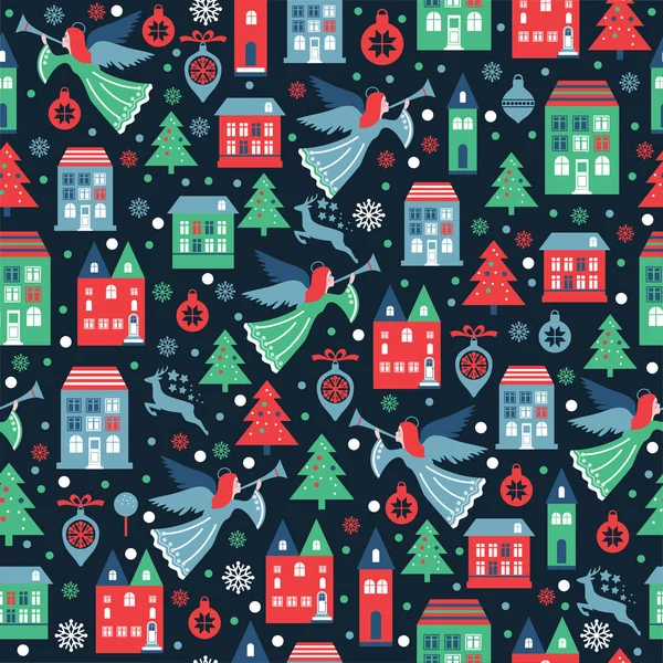 Nahtloses Muster mit Schneeflocken und Engeln für Weihnachtsverpackungen, Textilien, Tapeten. Vektorillustration. — Stockvektor