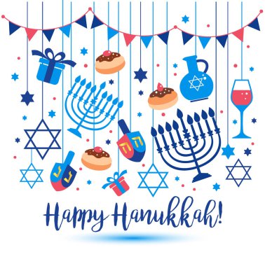 Yahudi Bayramı Hanuka tebrik kartı geleneksel Chanukah sembolleri - iplik üst, İbranice harfler, çörek sevinçler, yedi Kollu Şamdan mumlar, petrol kavanoz, ışıklar illüstrasyon parlayan yıldızı David ahşap.