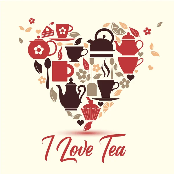 Illustration vectorielle-J'adore le thé. Icônes de thé dans le cœur . — Image vectorielle