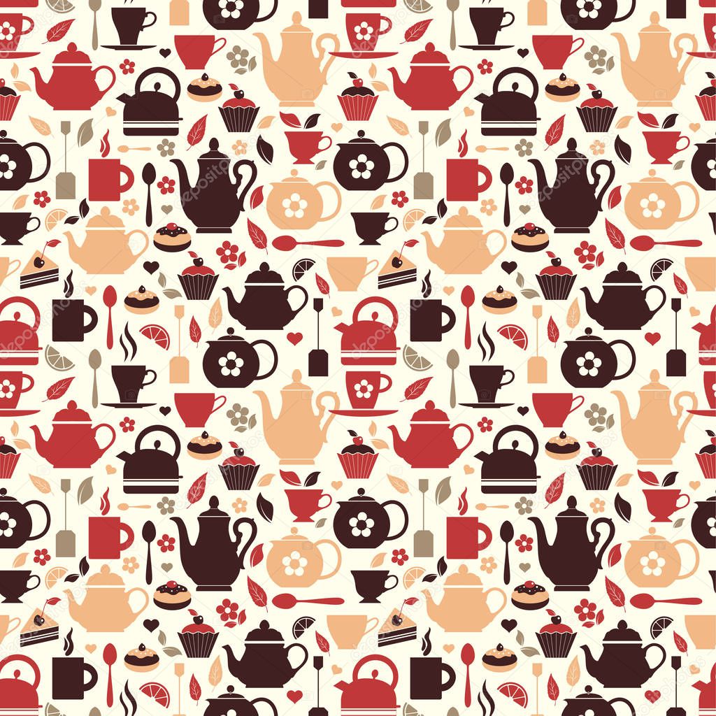 Vector illustration of tea. Seamless pattern of tea symbol on white background.