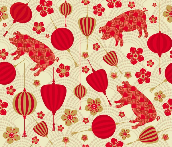 Seamless pattern with Chinese New Year 2019 Zodiac Year of the pig sign with red and gold asian elements. — Stock Vector
