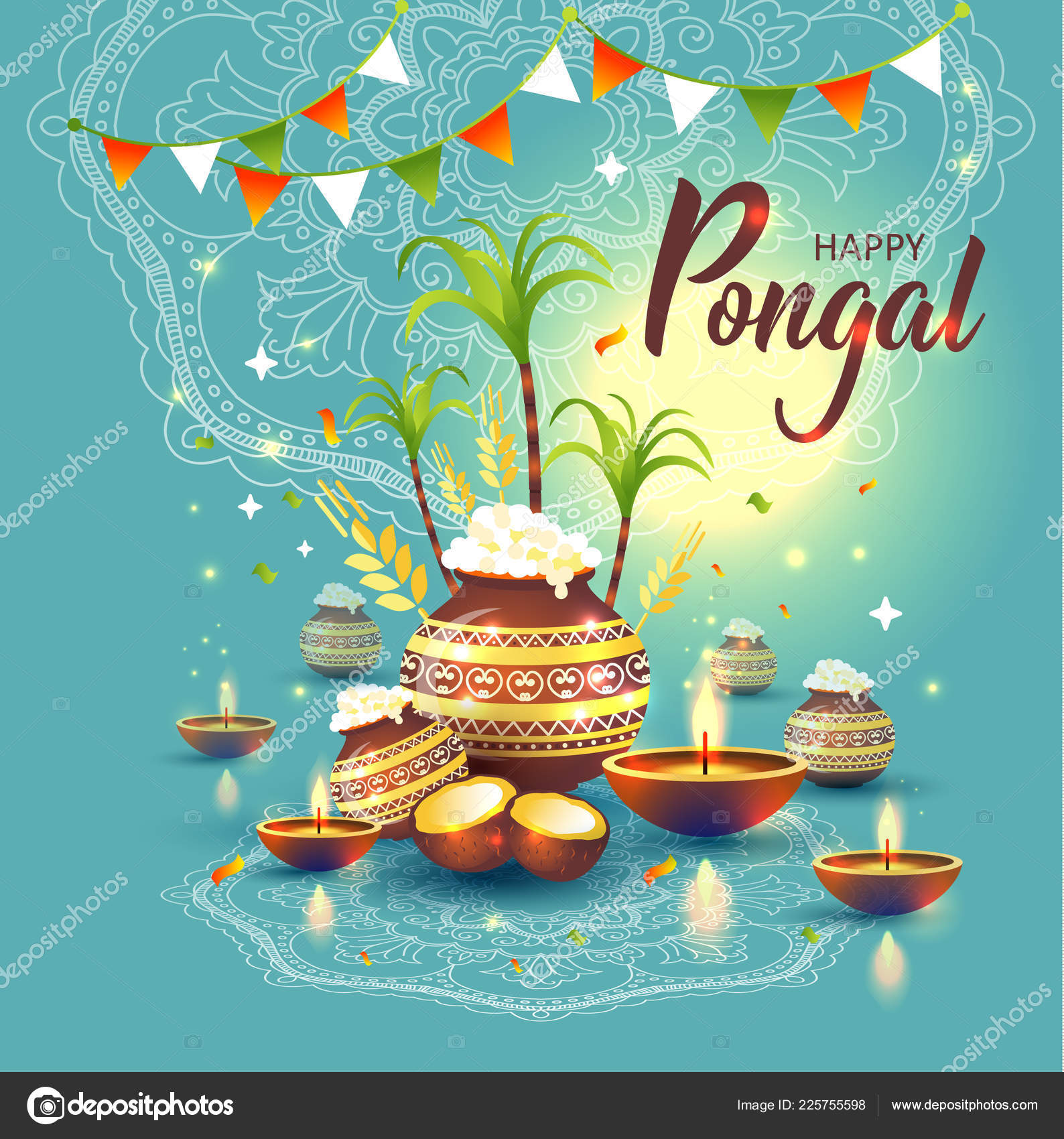 Illustration of Happy Pongal Holiday Harvest Festival of Tamil Nadu South  India. Greeting background. Stock Vector Image by ©olgamilagros #225755598