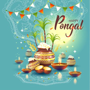 Mutlu Pongal tatil Hasat Festivali Tamil Nadu Güney Hindistan Illustration. Arka plan tebrik.
