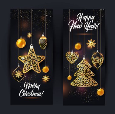 Noel arka plan Noel top yıldız kar tanesi konfeti altın siyah renk ile vektör çizim.