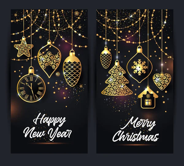 Banner vettoriali illustrazione di sfondo natalizio con palla di Natale stella fiocco di neve coriandoli oro su colore nero . — Vettoriale Stock