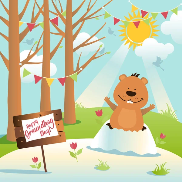 Happy Groundhog Day design with cute and funny groundhog — Stock Vector