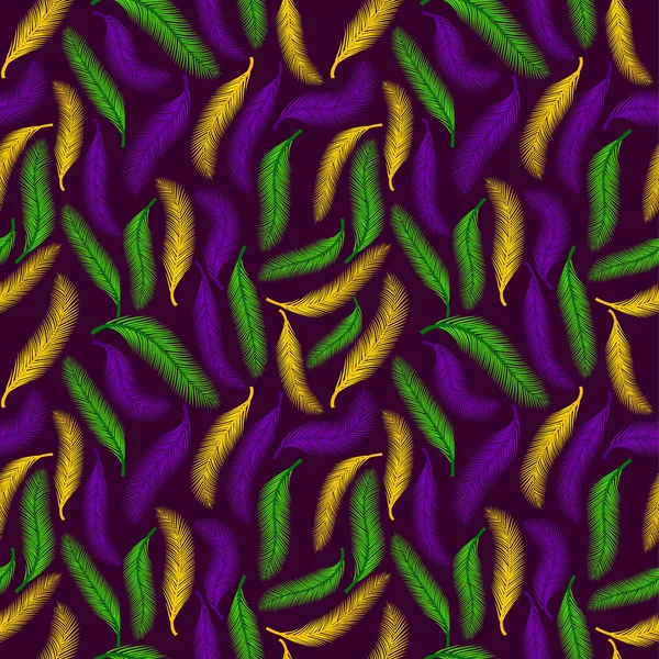 Patrón natural sin costuras de palmas o plumas. Color del Mardi Gras . — Vector de stock