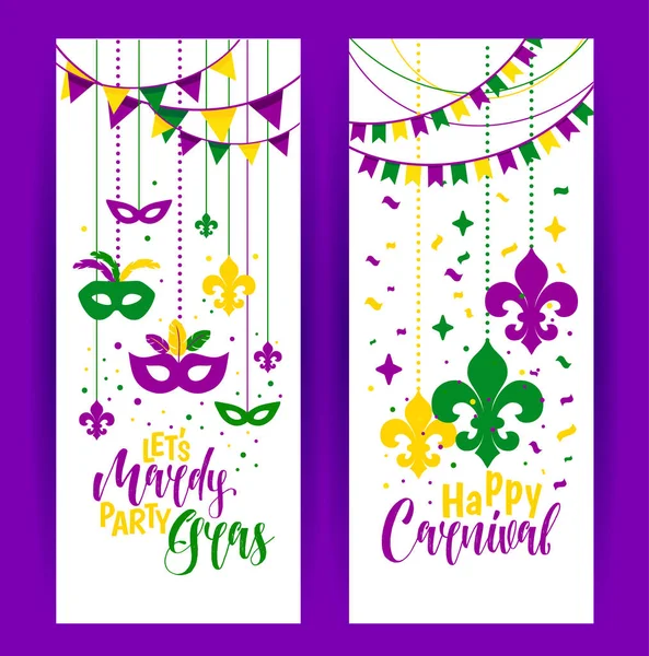 Mardi Gras έγχρωμο κατακόρυφη πανό με μια μάσκα και fleur-de-lis, απομονώνονται σε λευκό φόντο. Εικονογράφηση διάνυσμα. — Διανυσματικό Αρχείο