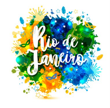Bir arka plan sulu boya lekeleri, Brezilya bayrağı, Brezilya karnaval, suluboya boya renkleri üzerinde yazıt Rio de Janeiro Brezilya tatil. Yaz, mürekkep rengi.