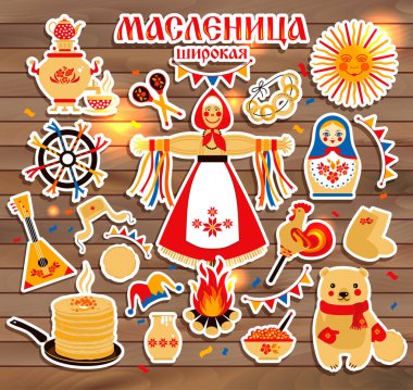 Vektör etiket Rus tatil karnaval konulu ayarla. Rusça çeviri Shrovetide veya Maslenitsa.