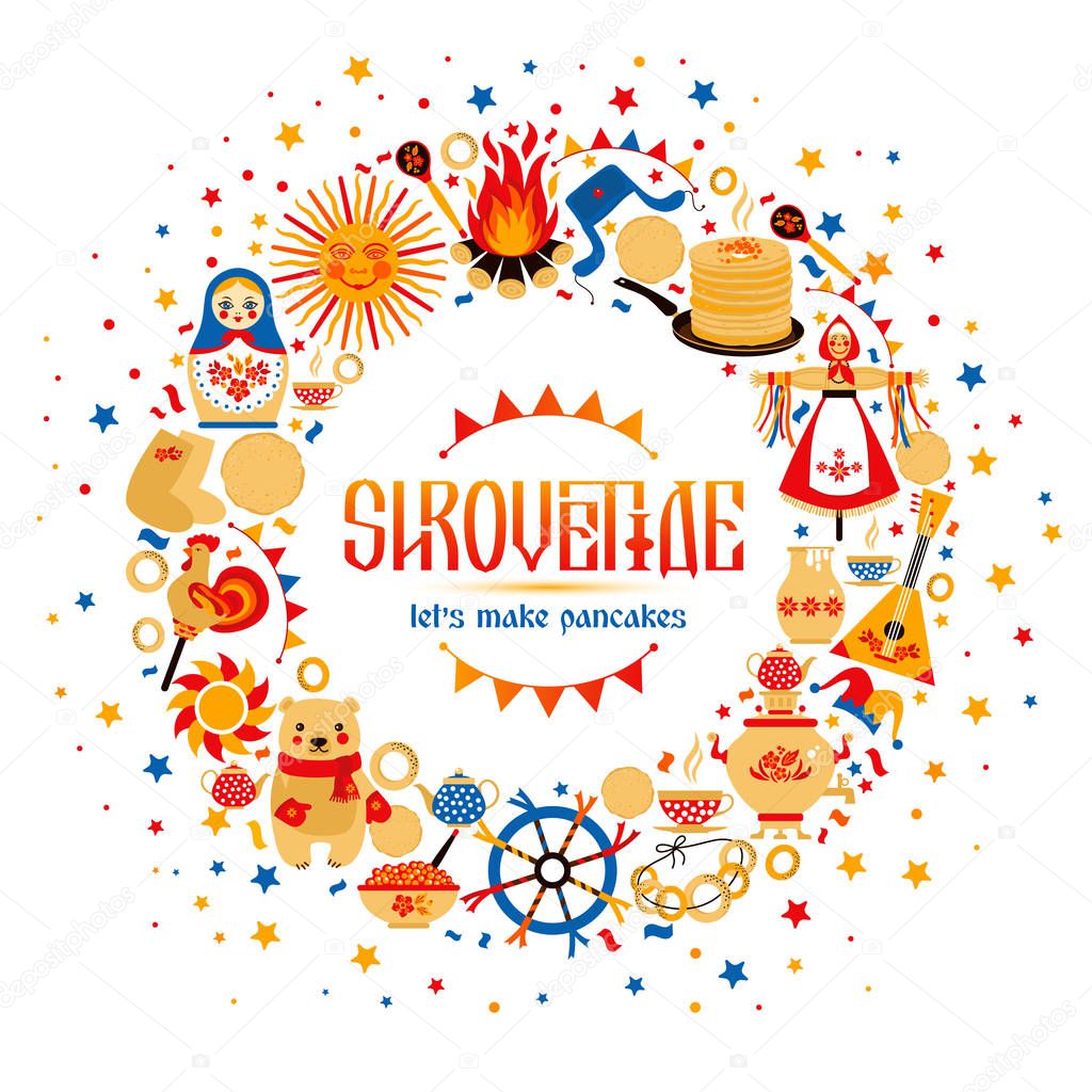 Vector set on the theme of the Russian holiday Carnival. Russian Shrovetide or Maslenitsa.