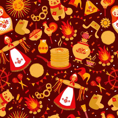 Shrovetide veya Maslenitsa. Rus yazıtları Maslenitsa geniş Geniş Maslenitsa pürüzsüz desen. Büyük Rus bayramı Shrovetide. Vektör illüstrasyonu.