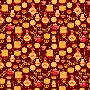 Shrovetide veya Maslenitsa. Rus yazıtları Maslenitsa geniş Geniş Maslenitsa pürüzsüz desen. Büyük Rus bayramı Shrovetide. Vektör illüstrasyonu.