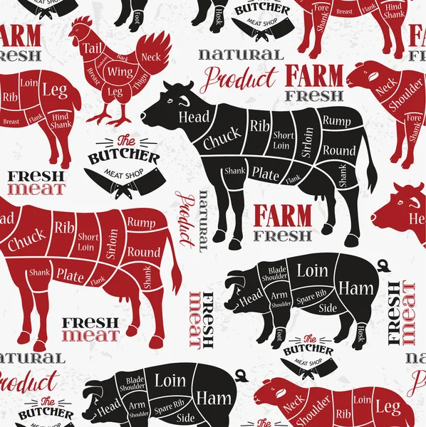 肉をカットします。肉屋の図。動物のシルエット。ベクトルの図。シームレス パターン. — ストックベクタ