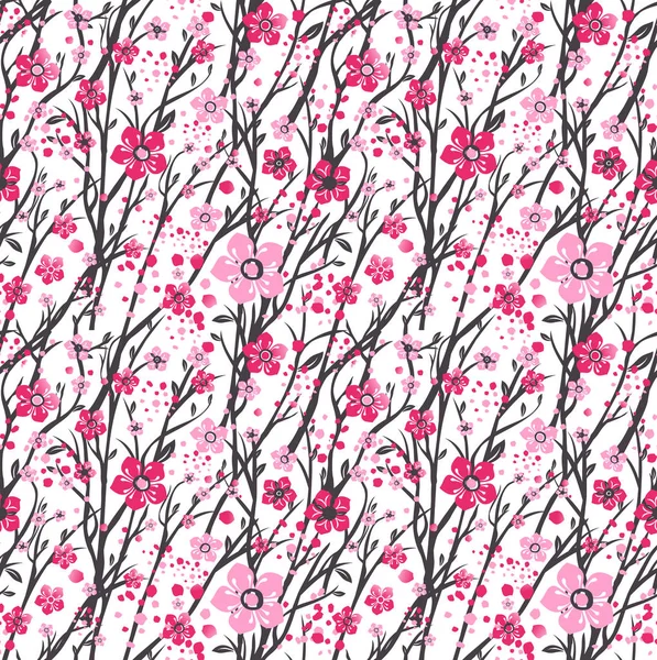 Sakura Japón rama de cerezo con flores florecientes vector ilustración. Patrón sin costura . — Vector de stock