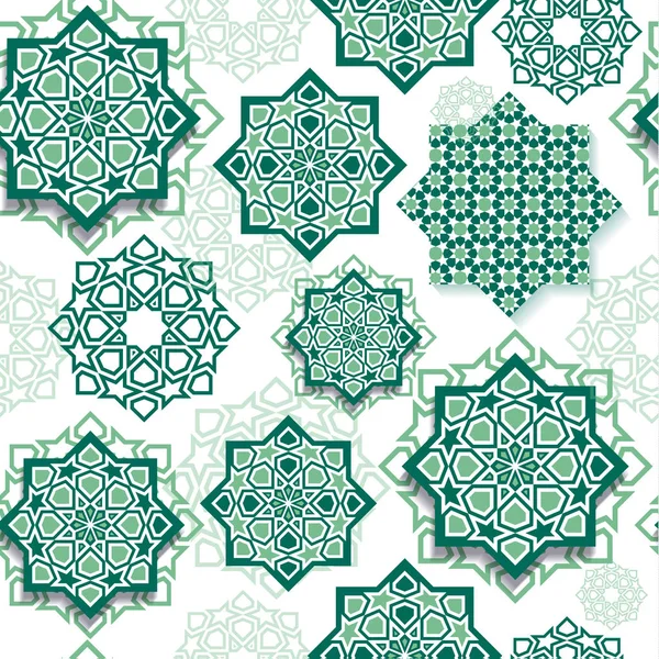 Festival gráfico de arte geométrica islâmica. Decoração de padrão sem costura em verde. Celebração Eid Mubarak . — Vetor de Stock